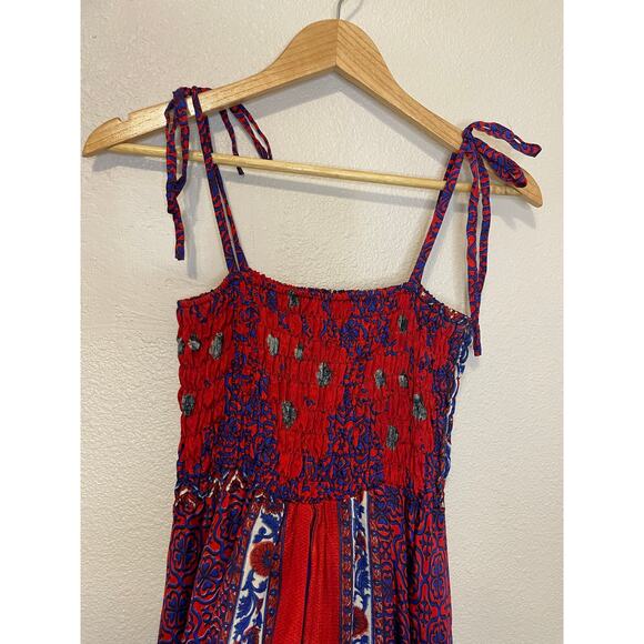 WEVEZ Boho Floral Red Print Smocked Top Spaghetti Strap Silk Midi Sun Dress Med - Picture 11 of 13